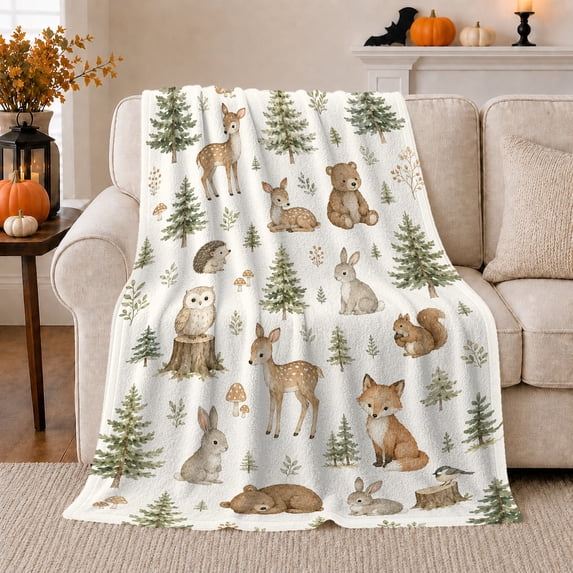 Woodland Forest Animals Watercolor Nursery Art Flannel Blanket for Sofa Couch Bed Bedroom Home Decor Baby Shower Gift for New Parents Cozy Room Accent Visible Pattern Design