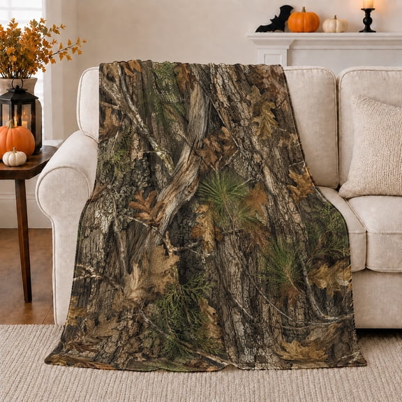 Woodland Forest Floor Scene Rustic Oak Leaves Pine, Peaceful Mountain Lake Scene, Warm Flannel Blanket for Cabin and Lodge, Outdoor Lovers Camping Gift, Rustic Home Decor