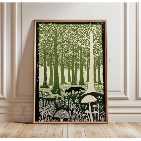 Woodland Forest Fox Poster Green Nature Wall Art Print Botanical Animal Home Decor