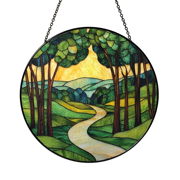 Woodland Forest Stained Glass Style Suncatcher Window Decor, Tree Lined Path Nature Art Design, Decorative Glass Style Window Hanging for Rustic Home Interior and Nature Lover Gift