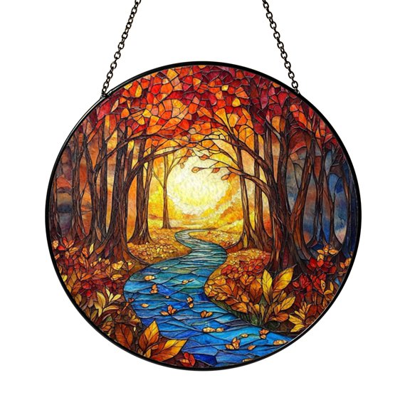 Woodland Forest Stained Glass Style Suncatcher Window Hanging Decor, Night Landscape with Fireflies Glass Art Panel for Nature Window Decoration Gift Idea