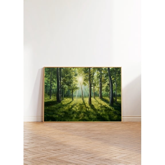 Woodland Forest Wall Art Print Green Trees Artwork Sunlight Tree Landscape Decor, Unframed Canvas 16x20in