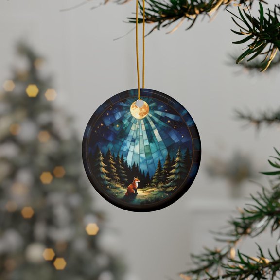 Woodland Fox Christmas Ornament, Stained Glass Look, Round Ceramic, Double-Sided, Gold String