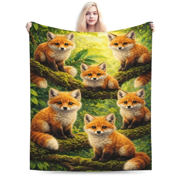 Woodland Fox Forest Blanket Rustic Wildlife Decor Fall Christmas Holiday Gift Soft Cozy Fleece Throw Blanket 50x40