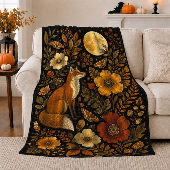 Woodland Fox Moth Botanical Art, Festive autumn celebration Scene, Warm Flannel Blanket for Cabin and Lodge with Detailed Artwork, Art Lovers autumn celebration Gift, Festive Home Decor