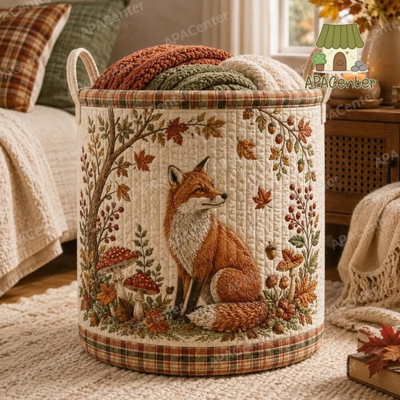 Woodland Fox Quilt Laundry Basket, Forest Animal Storage Hamper, Rustic Blanket Basket, Cottagecore Laundry Bin, Fox Home Organizer