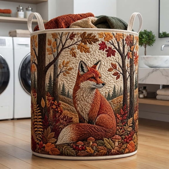 Woodland Fox Quilted Laundry Basket: Autumn Forest Storage Bin, Whimsical Nature Hamper
