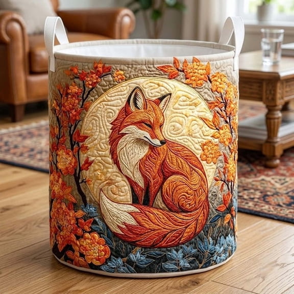 Woodland Fox Quilted Laundry Basket: Forest Fox Storage Bin, Animal Lover Gifts