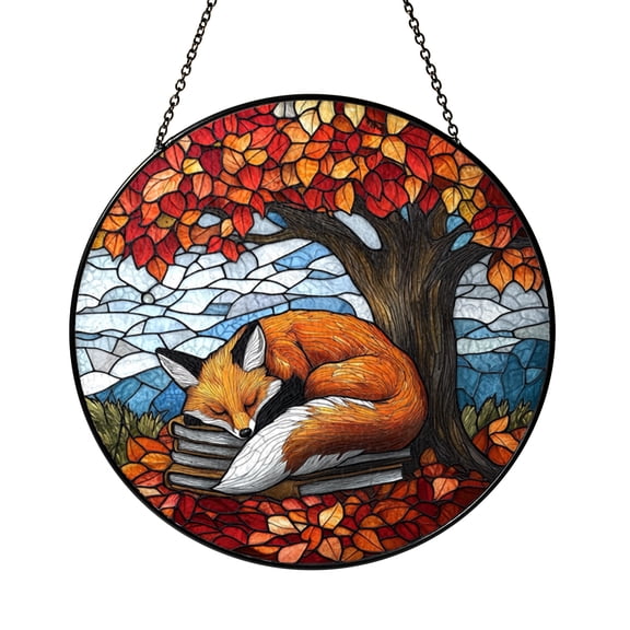 Woodland Fox Reading Books Stained Glass Style Suncatcher Window Hanging, Autumn Forest Fox Glass Art Panel for Window Decor, Reading Corner Decoration Gift for Book Lovers