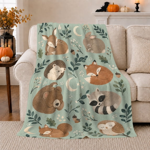 Woodland Fox Scene Forest Animals Under Moon Mystical Fantasy Art Wildlife Lovers Moonlit Forest Animal Motif Warm Flannel Blanket, Housewarming Gift for Cabin and Bedroom Home Decor