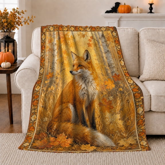 Woodland Fox Scene Forest Animals Under Moon Mystical Fantasy Art Wildlife Lovers Moonlit Forest Animal Motif Warm Flannel Blanket, Housewarming Gift for Cabin and Bedroom Home Decor
