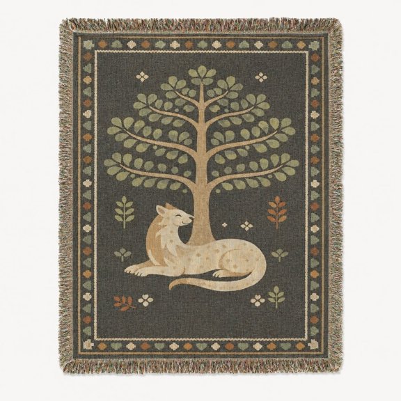 Woodland Fox Tree Woven Cotton Throw Blanket with Fringe