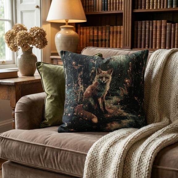 Woodland Fox in Dark Green and Rust Forest Double-Sided Woven Throw Pillow, 17 x 18 in