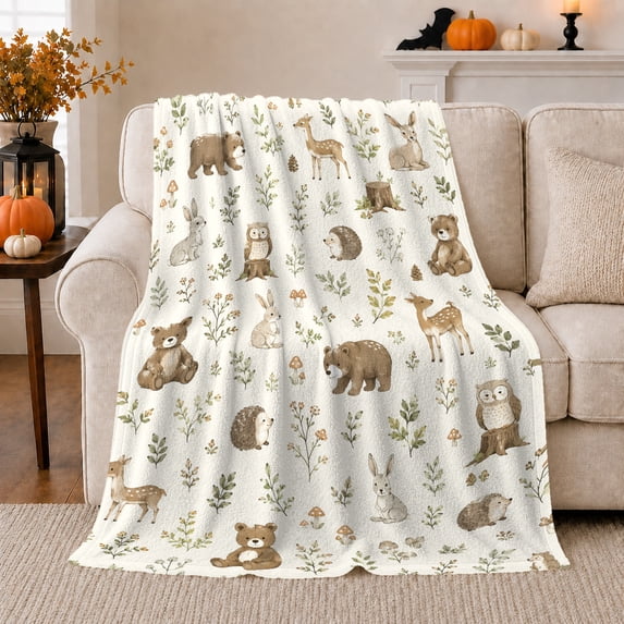 Woodland Friends with Bear Deer and Rabbit, Gentle Forest Style for Kids, Nursery Animal Meadow Pattern and Birthday Gift, Soft Flannel Blanket for Playroom and Bedroom, Home Decor