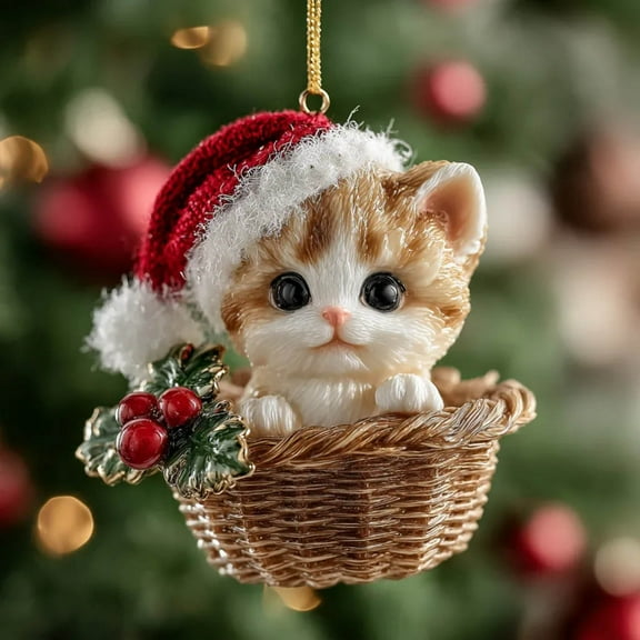 Woodland Friends Christmas Tree Ornaments, Decorative Acorn Shaped Animal Ornaments, Holiday Decor with Kitten, Bunny, Hedgehog and Fox Design (Cat)