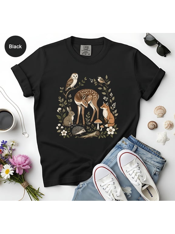 Woodland Friends Cottagecore Fawn Fox Owl Aesthetic Nature Lover Forest Animals Graphic T-Shirt All Size S-3XL
