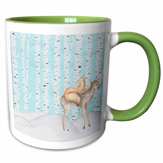 3drose, Woodland Friends-deer and Fox in the Snowy Winter Woods -illustration, 11oz Two-tone Green Mug
