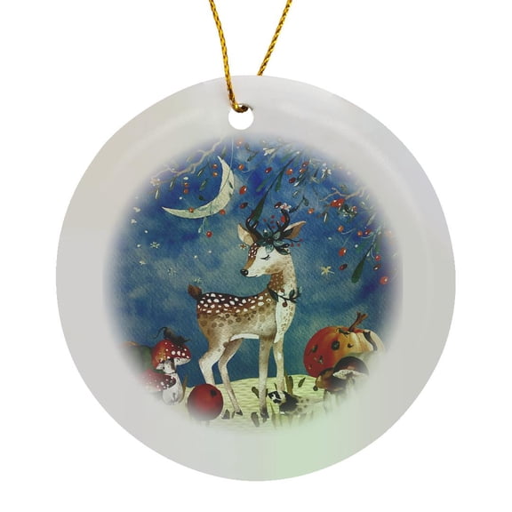 3drose, Woodland Friends-deer in Autumn Forest, Circle Porcelain Ornament