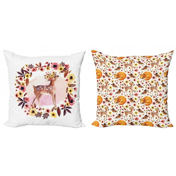 Ambesonne Woodland Friends Throw Pillow Cover 2 Pack, Gazelle Fox Bird, 18", Multicolor
