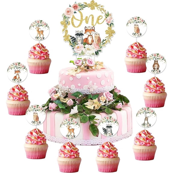Woodland Girl 1st Birthday Decorations Woodland Cake Cupcake Topper for First Birthday floral Woodland Cake Toppers Woodland Creatures Theme Birthday Party Supplies for Baby Bday