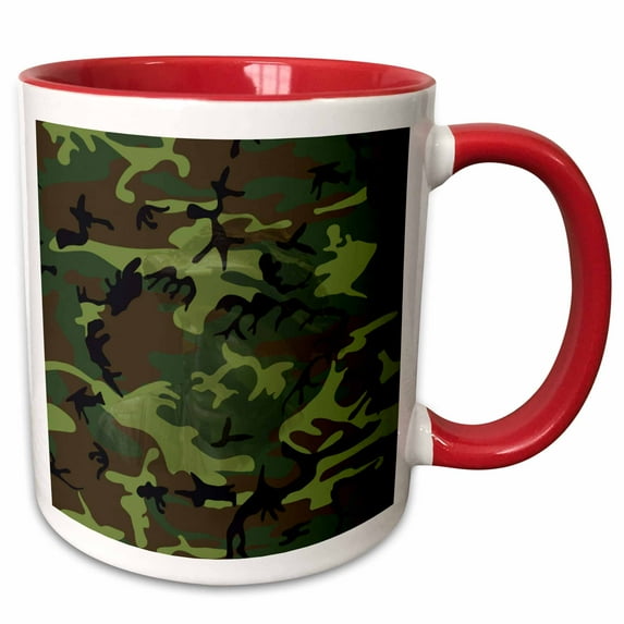 3drose, Woodland Green Camouflage with Hidden Face, 15oz Two-tone Red Mug