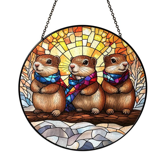 Woodland Groundhog Round Window Suncatcher, Stained Glass Style Three Marmots Panel with Scarves, Cute Home Decor Gift