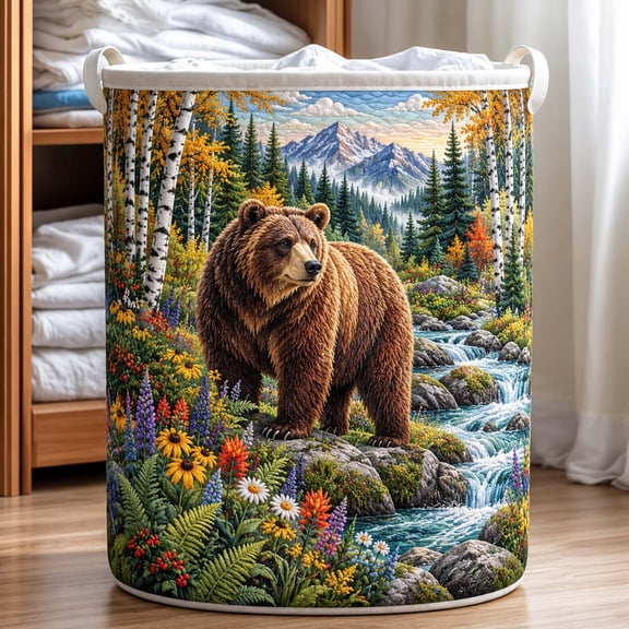 Woodland Guardian Quilted Laundry Basket: Bear Forest Clothes Hamper, Nature Lover Gift