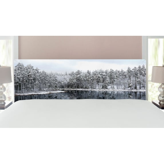 Woodland Headboard, Lake Surrounded by Snow Covered Trees on a Cold Winter Day in Finland Reflections, Upholstered Decorative Metal Bed Headboard with Memory Foam, King Size, White Brown, by Ambesonne