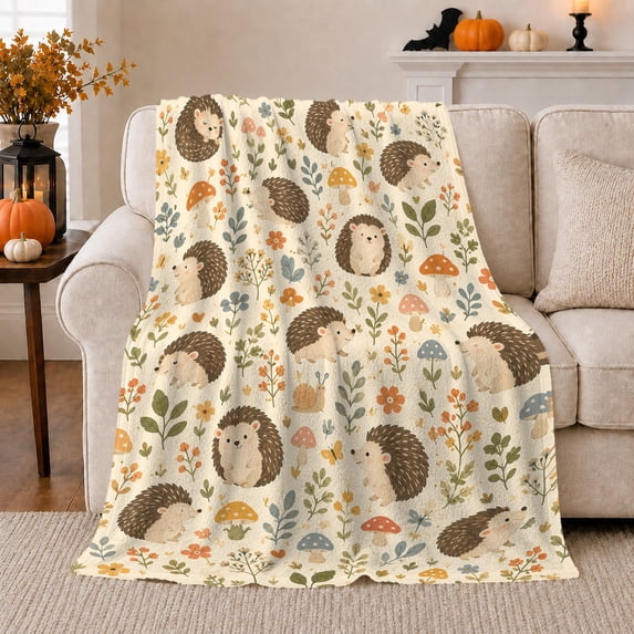 Woodland Hedgehog Pattern Mushrooms Flowers Cute Cartoon Children, Playful Woodland Scene, Warm Flannel Blanket for Cabin and Lodge, Garden Lovers Friendship Gift, Botanical Home Decor