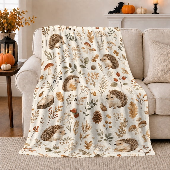 Woodland Hedgehog Pumpkin Patch autumn celebration, Playful Woodland Scene, Warm Flannel Blanket for Cabin and Lodge, Garden Lovers Thanksgiving Gift, Botanical Home Decor