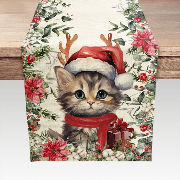 Christmas Holiday Kitchen Table Décor, Cute Funny Cat Table Runner, Seasonal Winter Christmas Holiday Kitchen Dining Table Decoration for Indoor Outdoor Home Party Decor 13 x 72 Inch