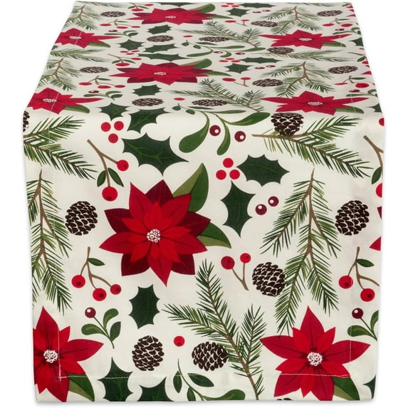 Woodland Holly Christmas Holiday Kitchen & Table Décor, Table Runner, 14x108, Poinsettia & Christmas Greenery