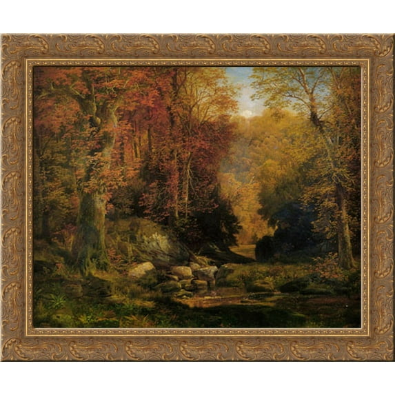 Woodland Interior with Rocky Stream 23x20 Gold Ornate Wood Framed Canvas Art by Moran, Thomas