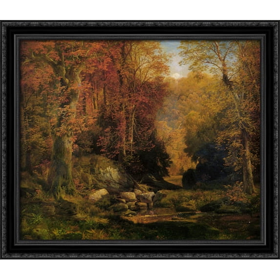 Woodland Interior with Rocky Stream 34x28 Large Black Ornate Wood Framed Canvas Art by Thomas Moran