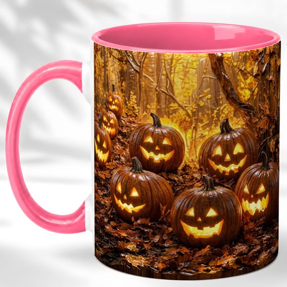 Woodland Jack O Lantern Coffee Mug, Fall Forest Mug, Ceramic 11 oz
