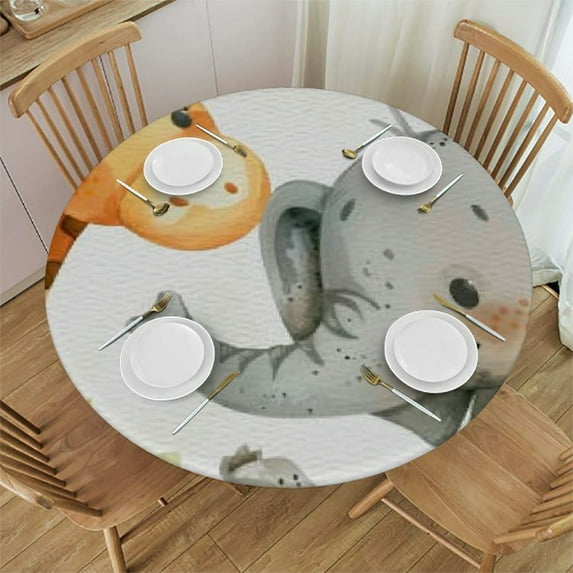 Woodland Jungle Funny Cute Animals Round Tablecloth Waterproof Elastic Fitted Round Table Cover Fabric Indoor Outdoor Tablecloths Fits Tables