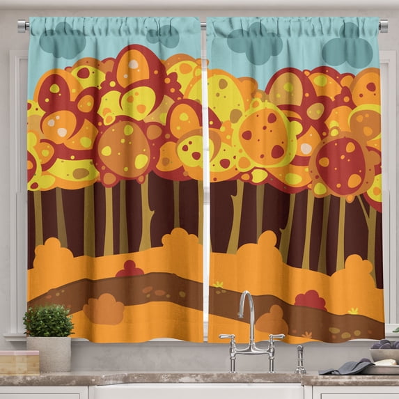 Woodland Kitchen Curtains, Forest in Autumn Cartoon Composition Simplistic Nature, Two Panels Drapes with Rod Pocket Room Decor, 55" X 45", Yellow Vermilion, by Ambesonne