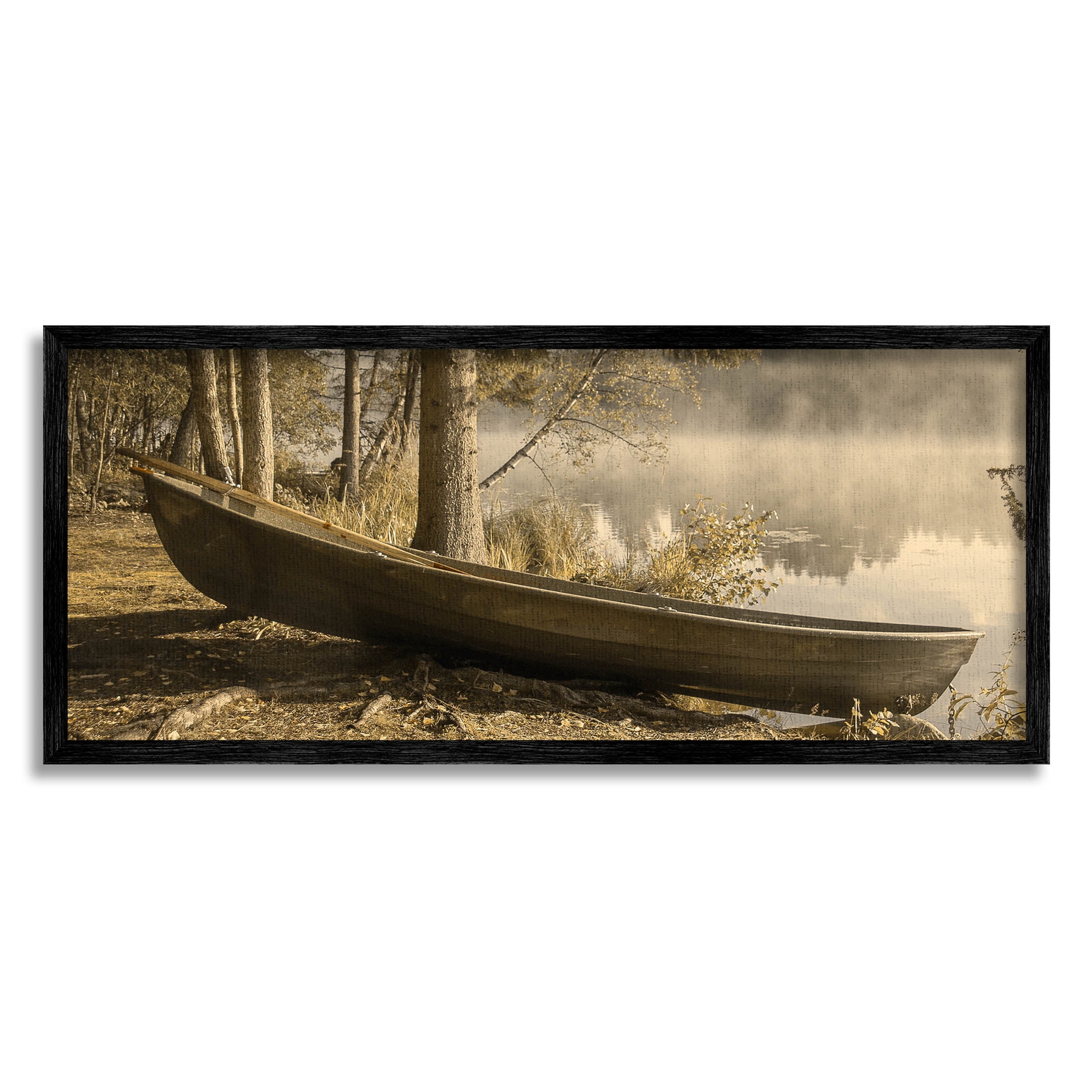 Woodland Lake Shore Canoe Landscape Photograph Black Framed Art Print Wall Art