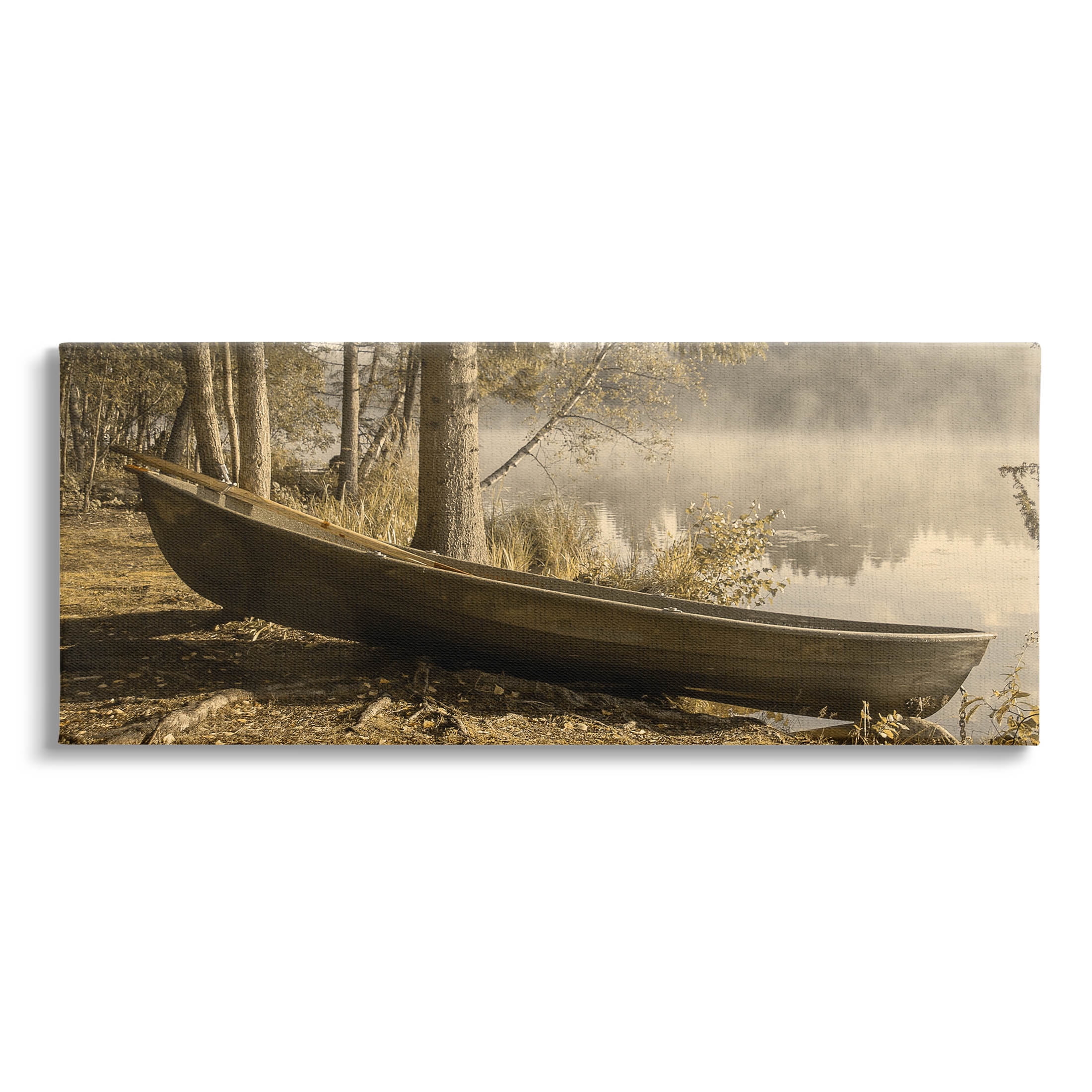 Woodland Lake Shore Canoe Landscape Photograph Gallery Wrapped Canvas Print Wall Art