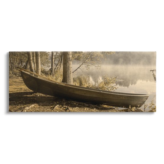 Woodland Lake Shore Canoe Landscape Photograph Gallery Wrapped Canvas Print Wall Art