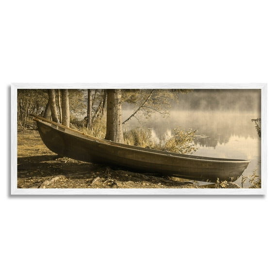 Woodland Lake Shore Canoe Landscape Photograph White Framed Art Print Wall Art
