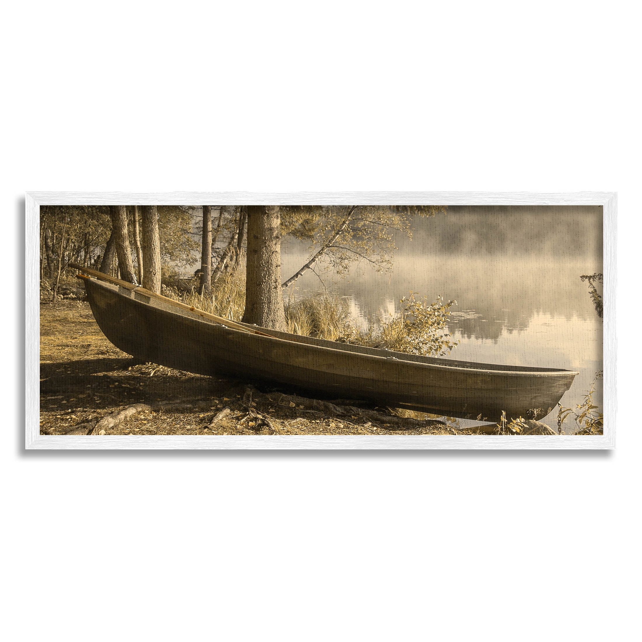 Woodland Lake Shore Canoe Landscape Photograph White Framed Art Print Wall Art
