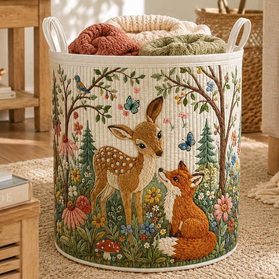 Woodland Laundry Basket, Fox And Deer Storage Hamper for Kids, Baby Shower Gift, Quilted Style Forest Clothes Nursery Decorations