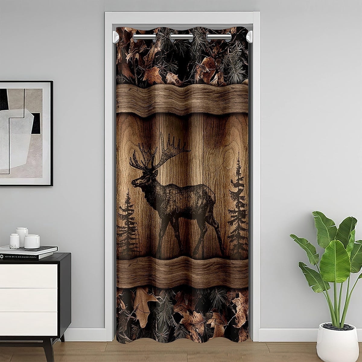 Woodland Moose Elk Deer Blackout Curtain 42"W X 80"L for Bedroom,Hunting Animal Door Curtain for Doorway Privacy,Farmhouse Countryside Cabin Room Divider Curtain,Camo Leaves Door Drape