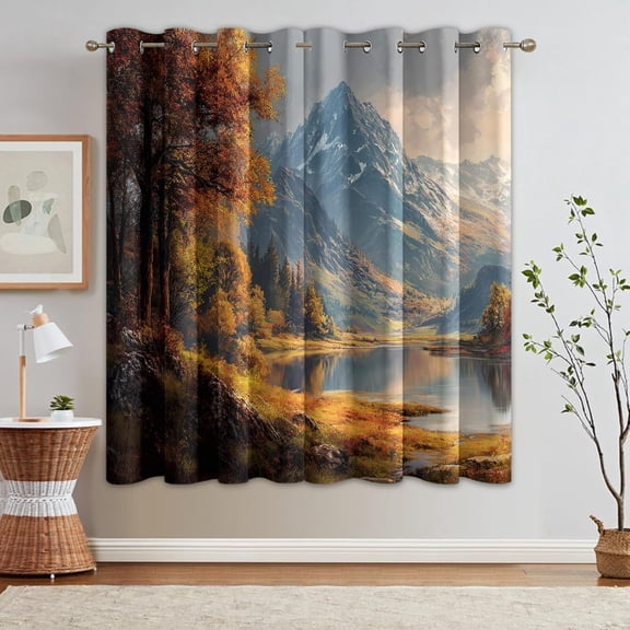 Woodland Mountain Curtains , Nature Landscape Pattern, Woodland Mountain Decor For Living Room Bedroom, Thermal & Darkening Grommet Drapes 38"W x 45"L