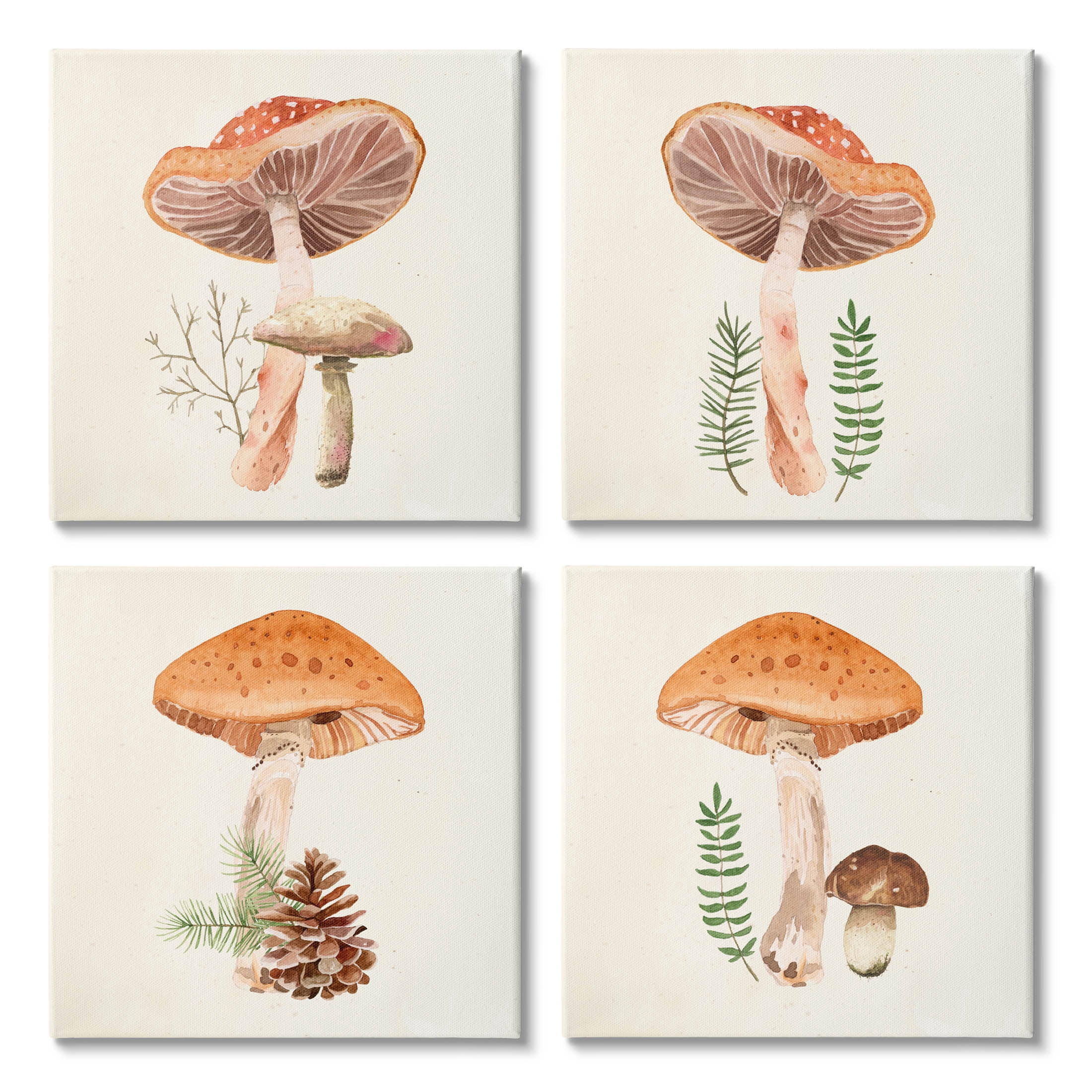 Woodland Mushroom Botanical Sprouts Botanical & Floral Graphic Art Gallery Wrapped Canvas Print Wall Art, Set of 4