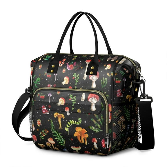Woodland Mushroom Insulated Lunch Bag – Waterproof Leakproof Dual Compartment Cooler Tote with Multi-pocket Design, Foldable Portable Lunch Box Featuring Whimsical Mushrooms