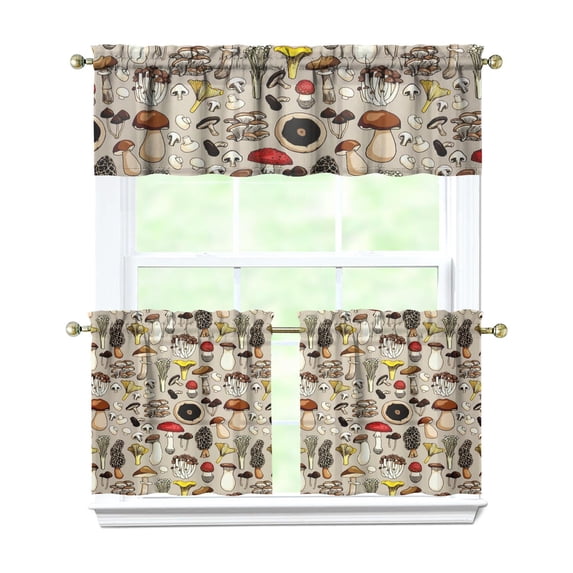 Woodland Mushroom Kitchen Curtain 3pcs Set 27.5x24in, Polyester Botanical Tier Panels and Valance, Rustic Fall Window Drapes for Holiday Decor and Cabin Kitchen