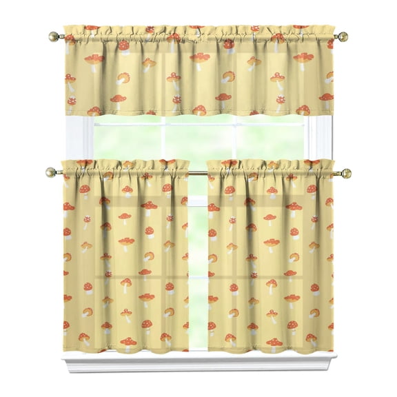 Woodland Mushroom Kitchen Curtains - 3 Piece Tier & Valance Set with 3" Rod Pocket, Fairy Tale Inspired Home Decor