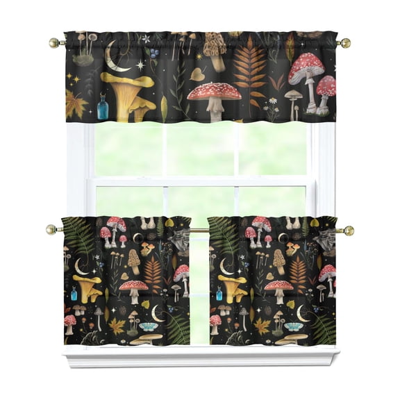 Woodland Mushroom Kitchen Curtains Set, Psychedelic and Trippy Mushroom Design, Rod Pocket Tier and Valance, Light Filtering and Eco-Friendly Panels